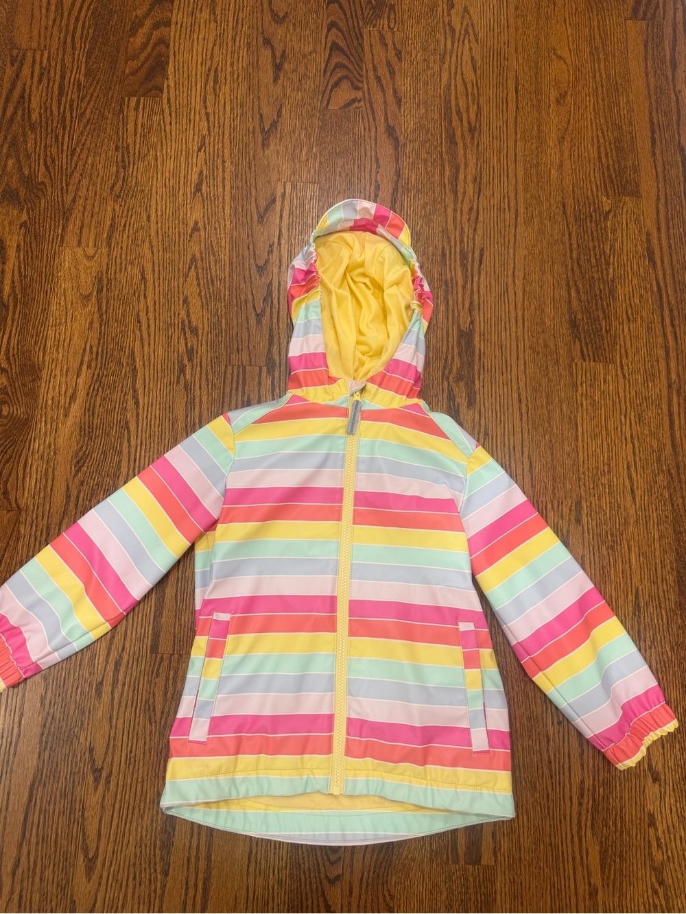 Cat & Jack Girls' Multicolor Rainbow Stripe Hooded Raincoat with Yellow Lining